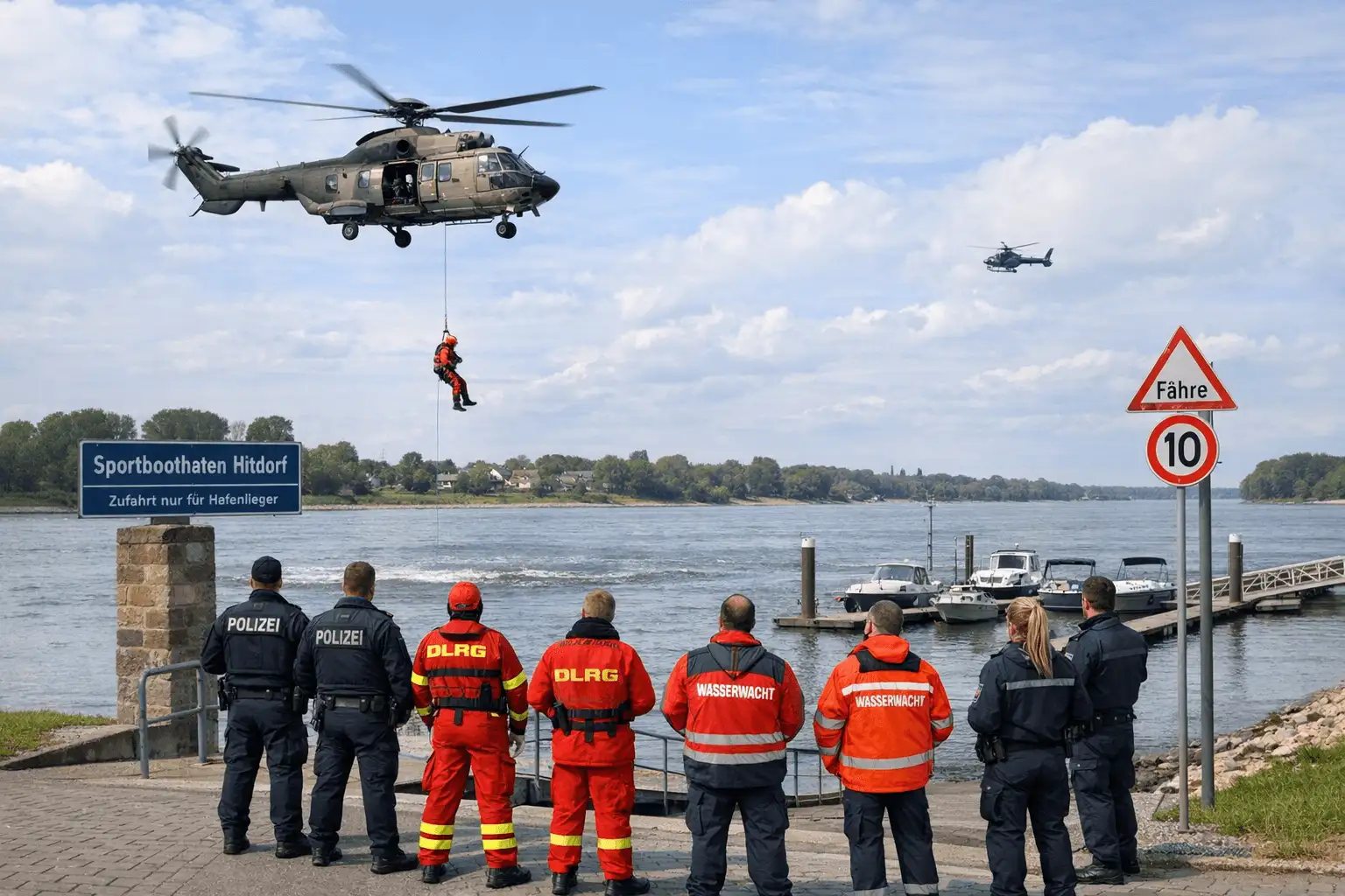 Hubschrauber üben Rettung am Rhein