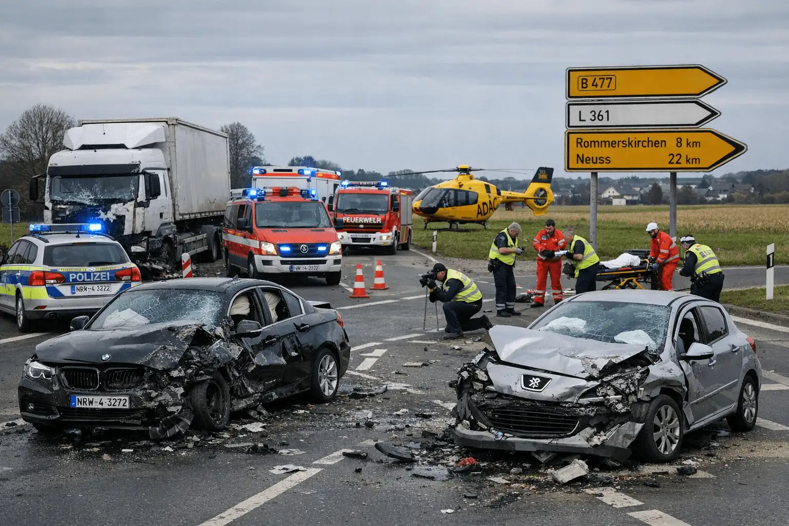 Peugeot gerät in Gegenverkehr: Drei Verletzte bei Unfall in Bergheim