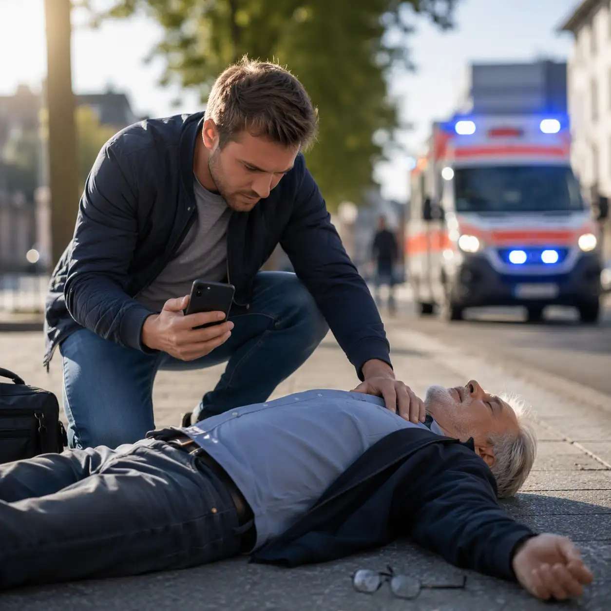 Ersthelfer versorgt einen Mann bei einem simulierten Notfall