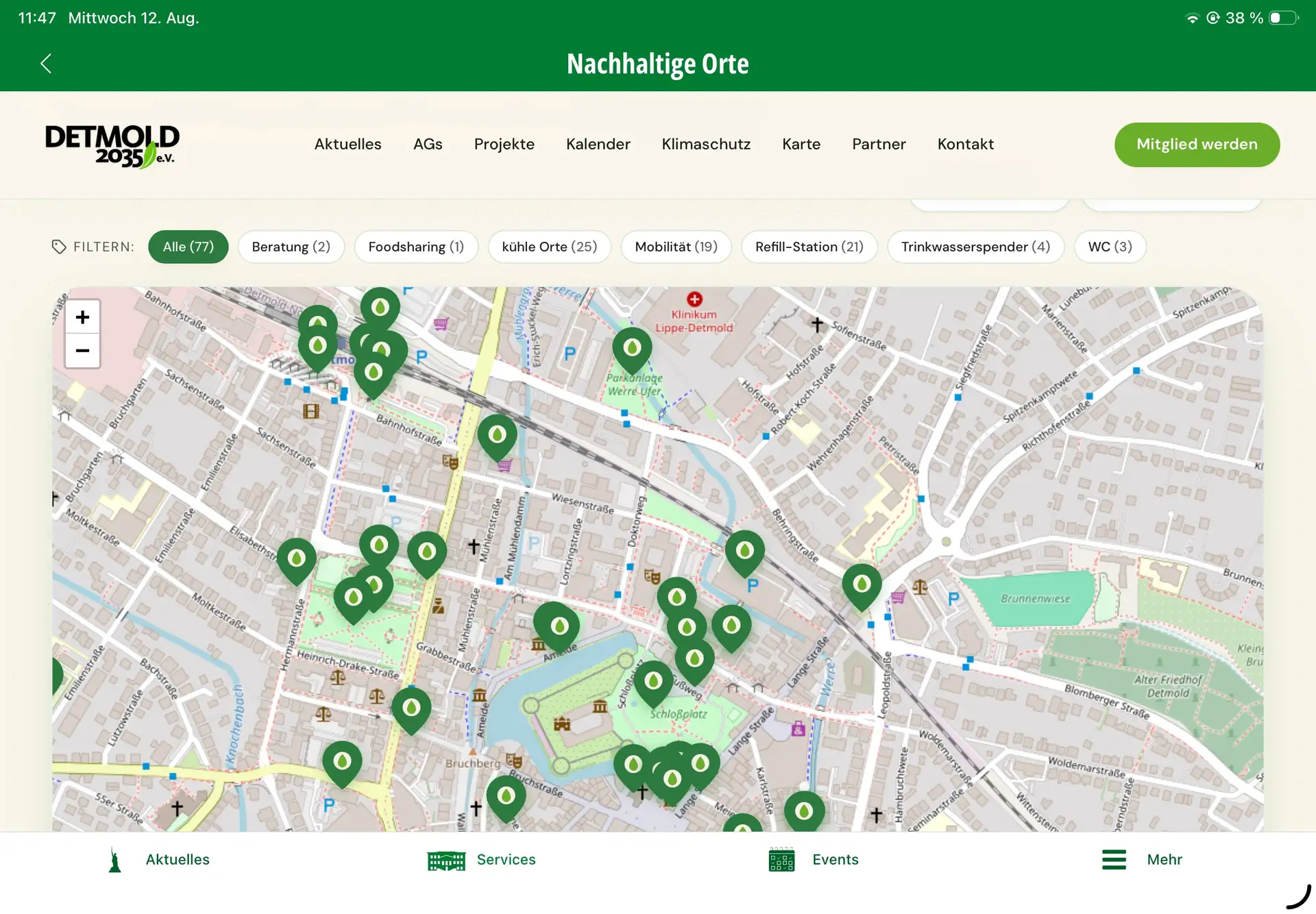 Bildunterzeile: Die Stadt-App „Appmold“ zeigt ab sofort nachhaltige Orte in Detmold – von kühlen Plätzen über Refill-Stationen bis zu öffentlichen Toiletten.