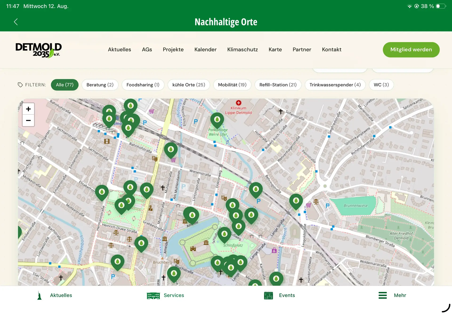 Bildunterzeile: Die Stadt-App „Appmold“ zeigt ab sofort nachhaltige Orte in Detmold – von kühlen Plätzen über Refill-Stationen bis zu öffentlichen Toiletten.