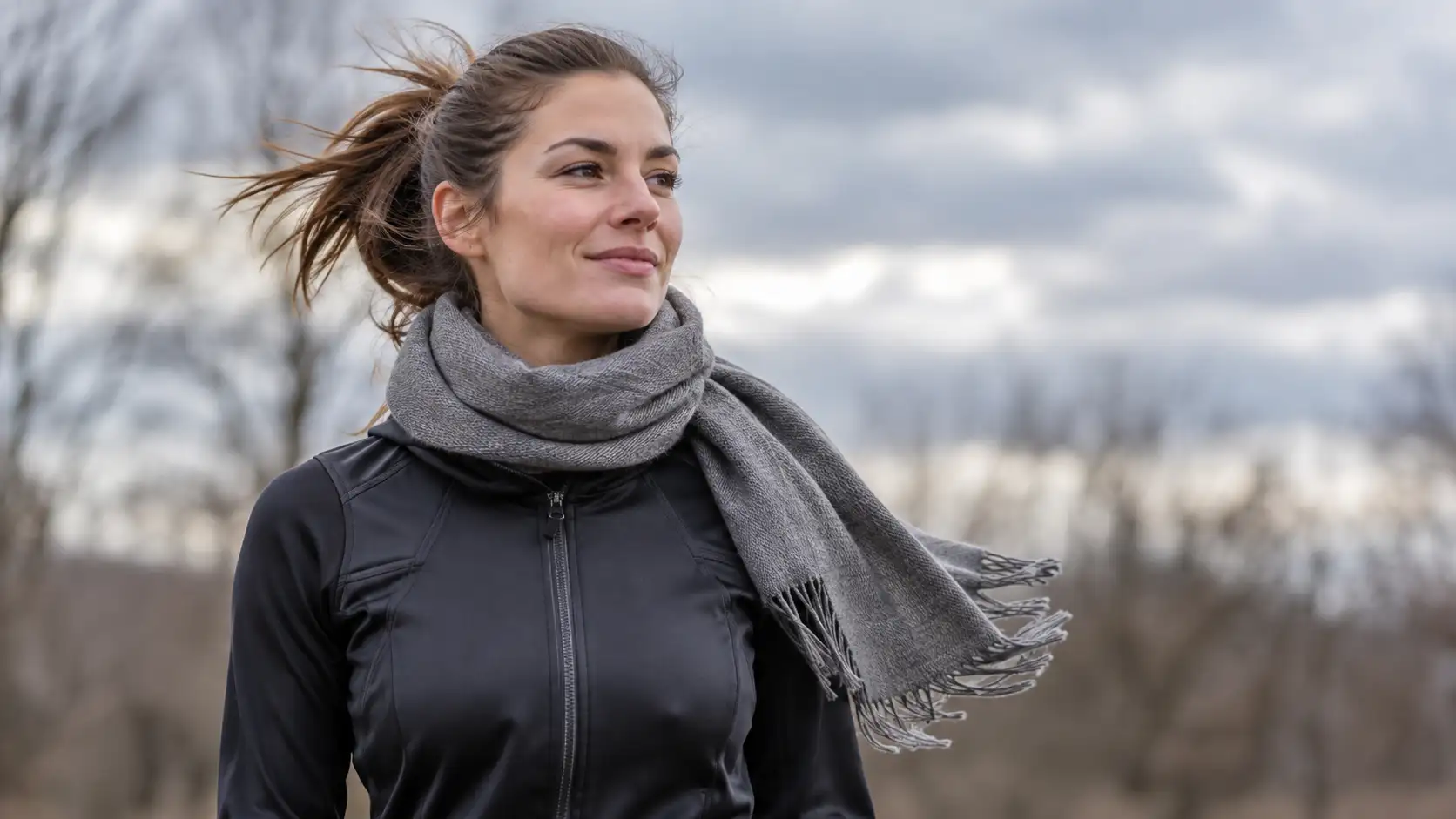 Wehender Schal und geschlossene Jacke
