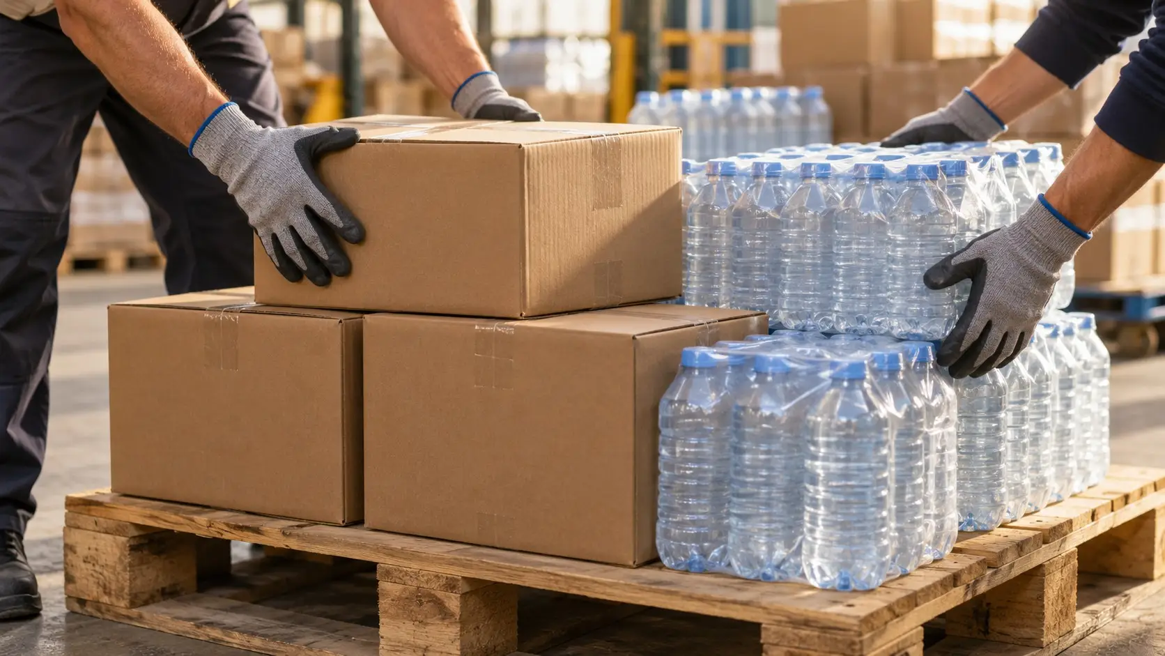 Wasserflaschen, Hilfsgüter und Kartons mit arbeitenden Händen. KI-Symbolbild.