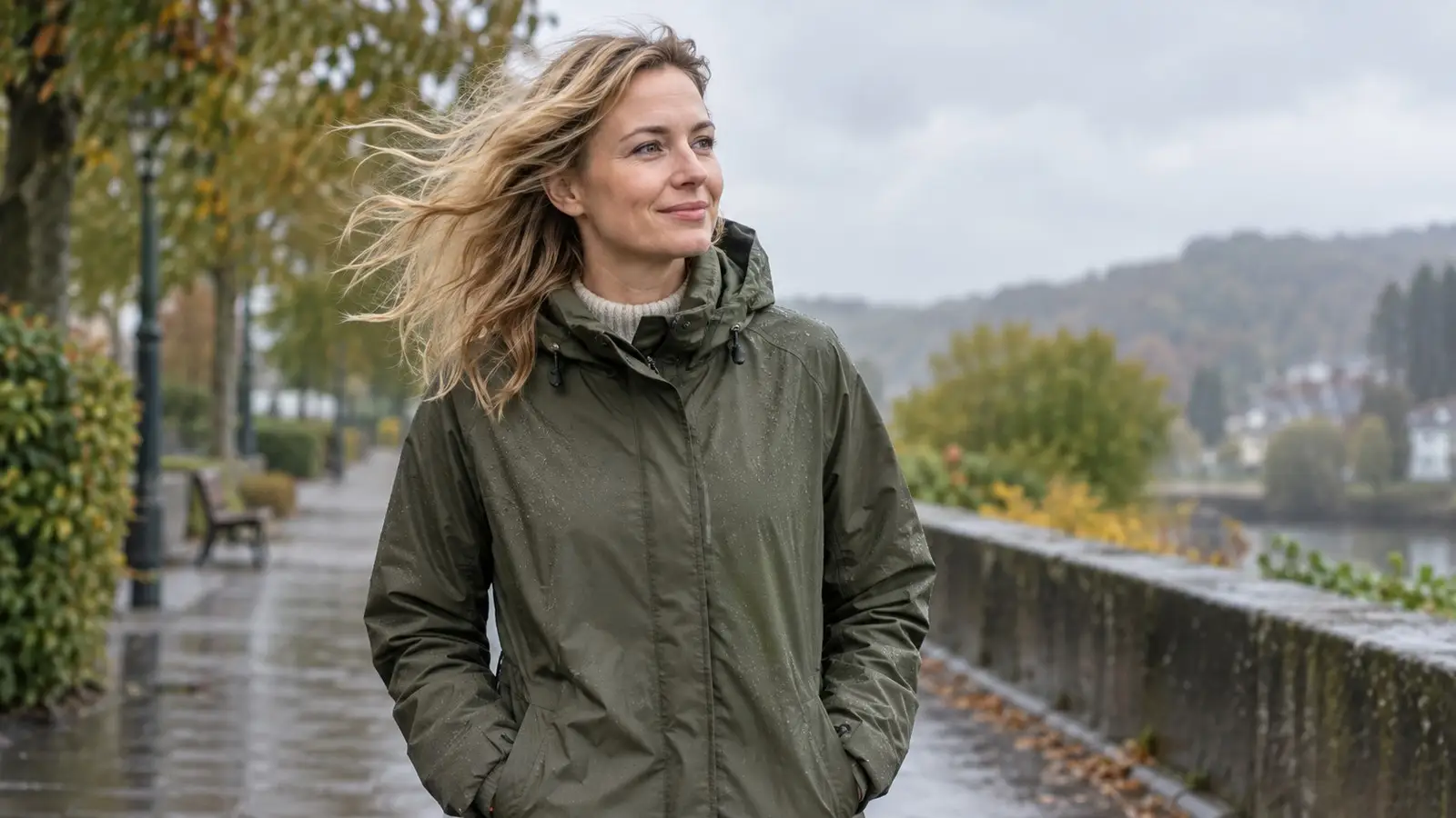 Blonde Frau im Wind. Neutrale Alltagskulisse ohne behaupteten Aufnahmeort.